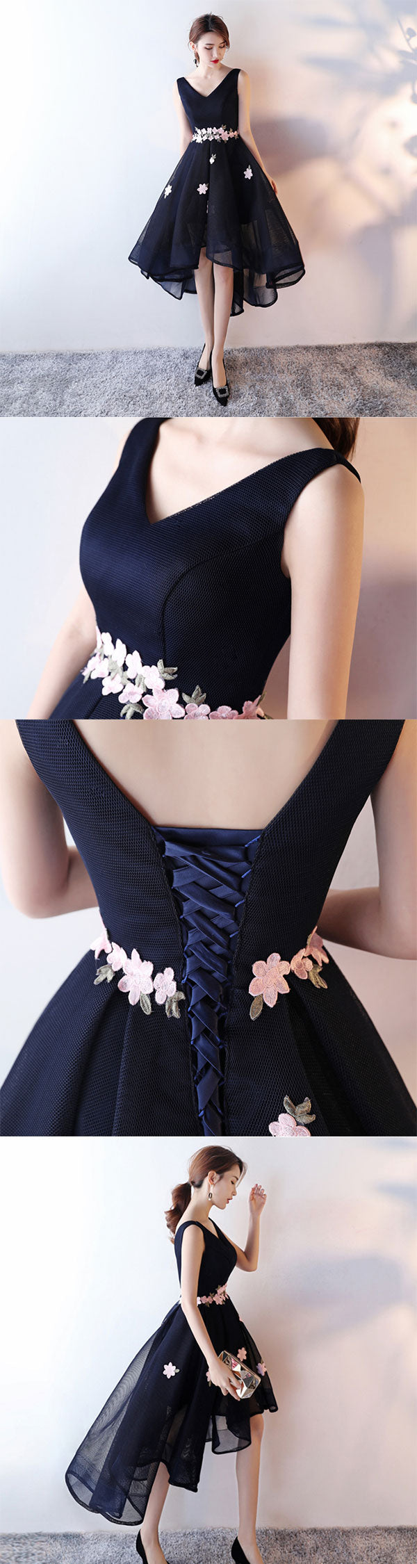 Dark blue high low prom dress, evening dress  7781