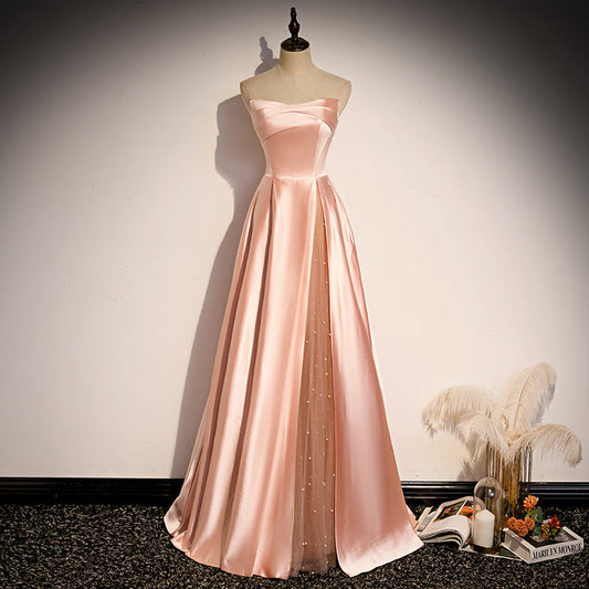 Pink Simple Elegant A-line Long Satin Ball Gown Evening Gown Bridesmaid Dress 8984