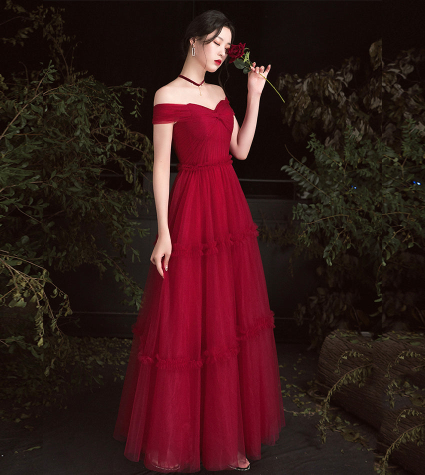 Burgundy tulle off shoulder prom dress evening dress  8391