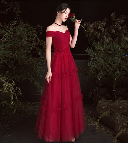 Burgundy tulle off shoulder prom dress evening dress  8391