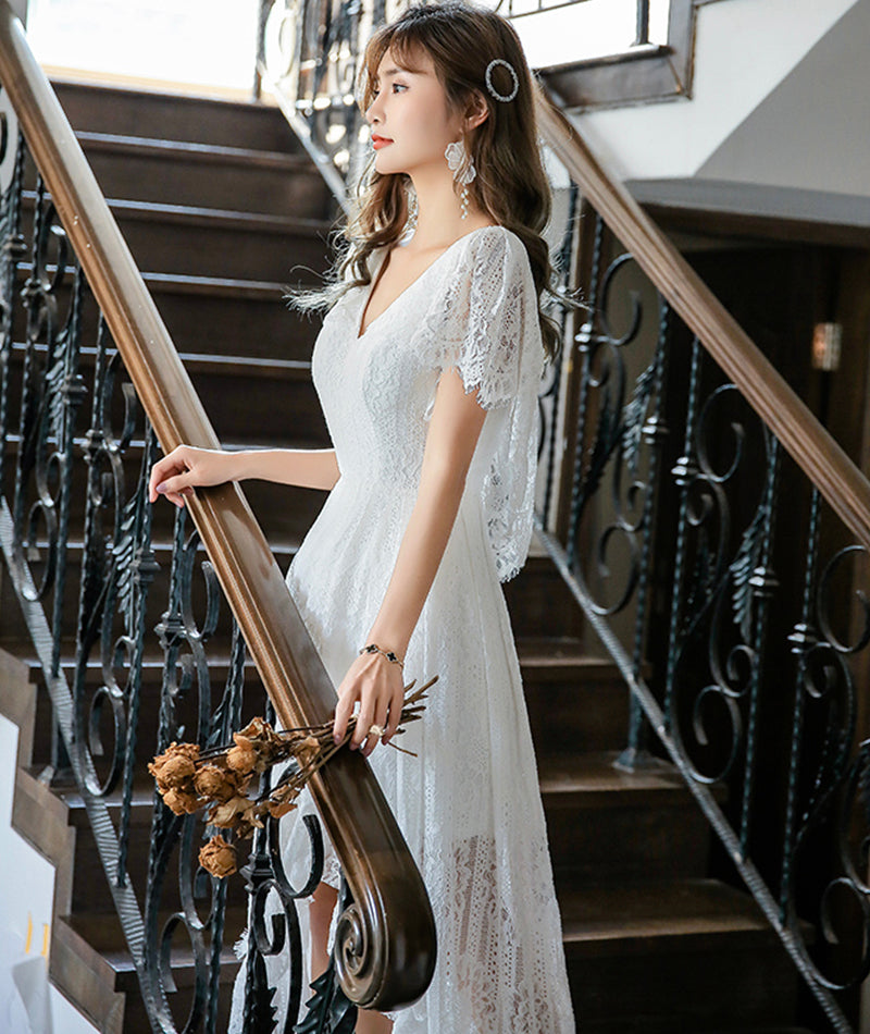 White lace high low prom dress evening dress  8398