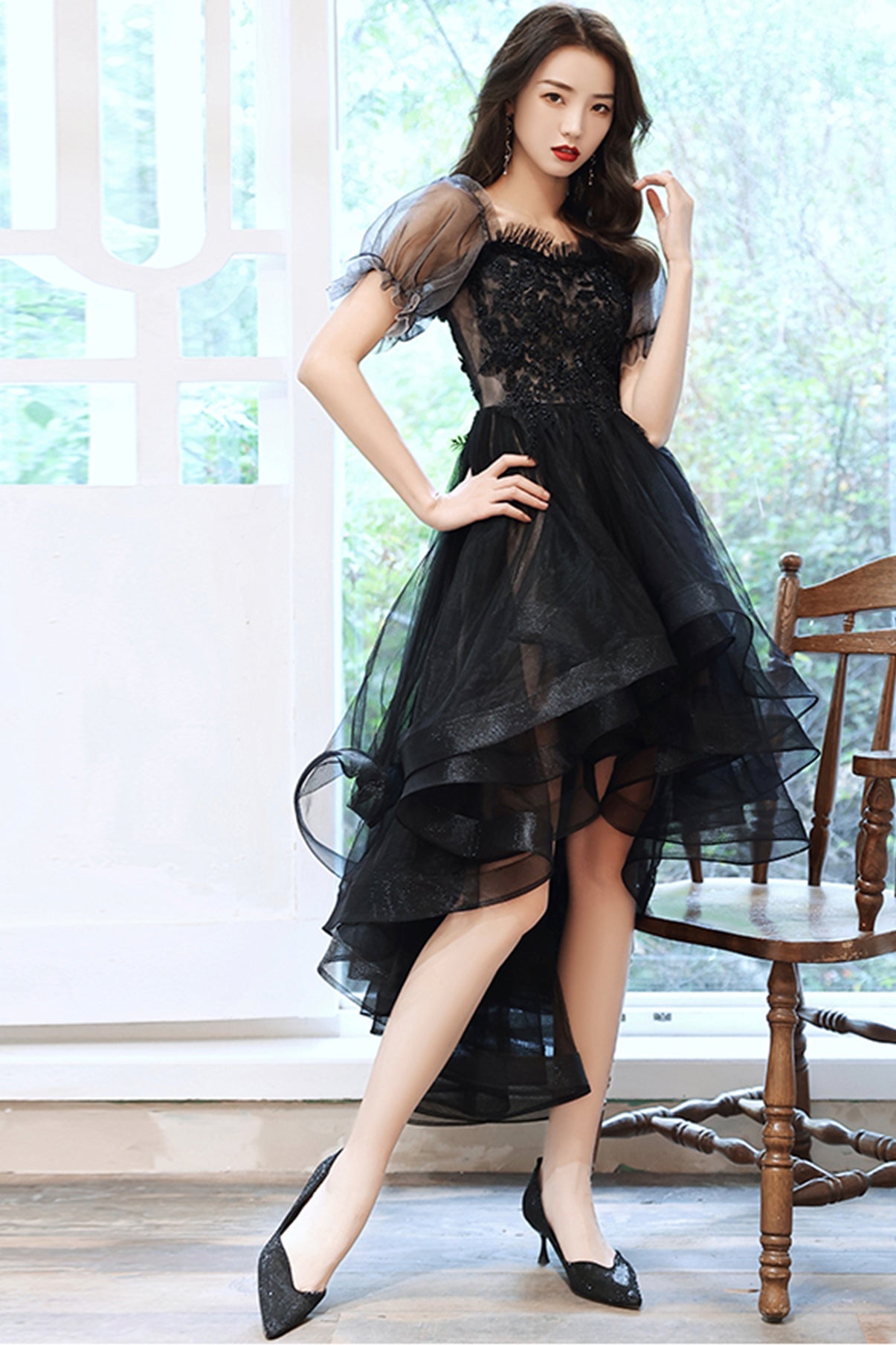 Black tulle lace high low prom dress party dress  8743