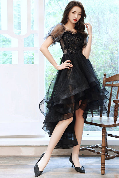 Black tulle lace high low prom dress party dress  8743
