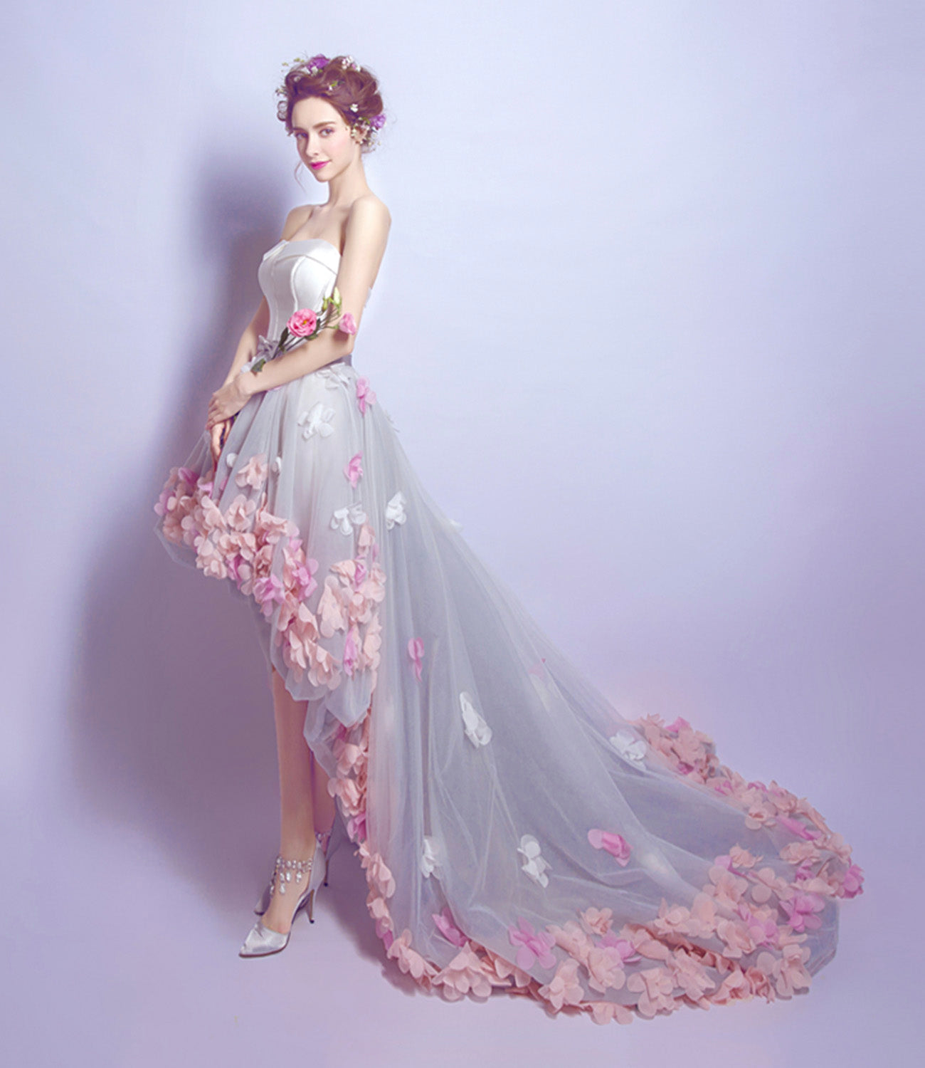 Cute tulle high low prom dress white evening dress  8899