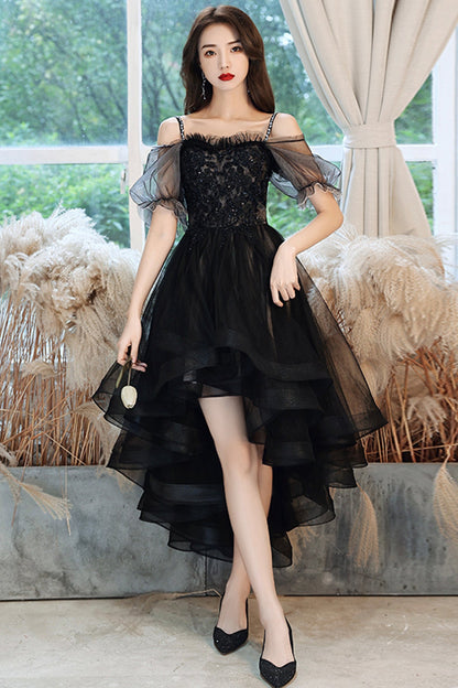 Black tulle lace high low prom dress party dress  8743