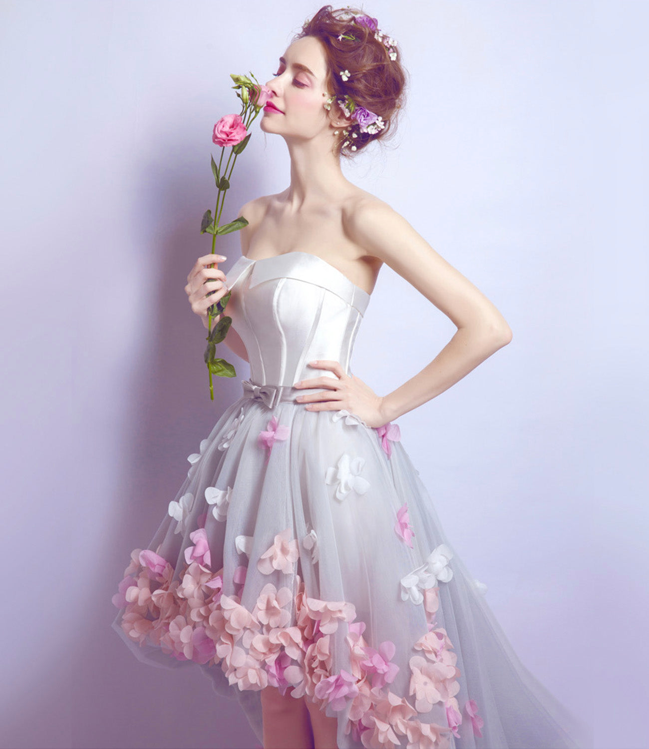 Cute tulle high low prom dress white evening dress  8899