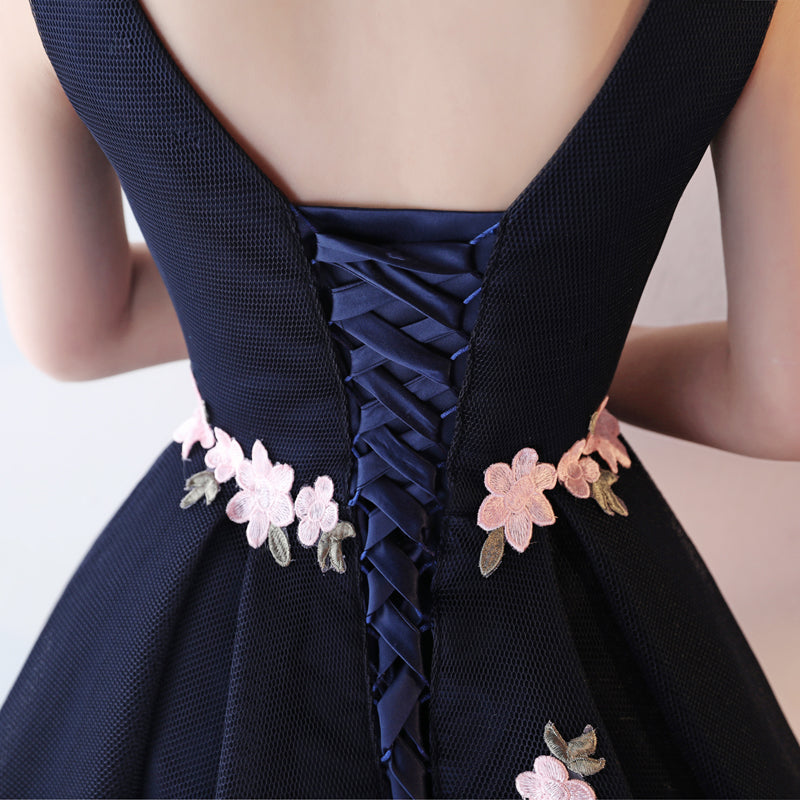 Dark blue high low prom dress, evening dress  7781