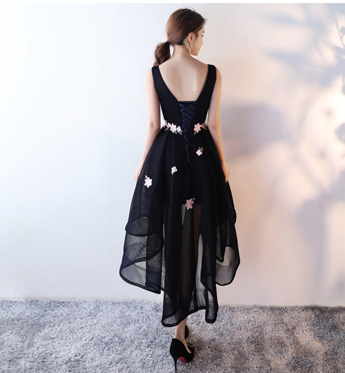 Dark blue high low prom dress, evening dress  7781