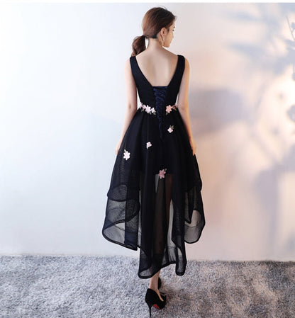 Dark blue high low prom dress, evening dress  7781