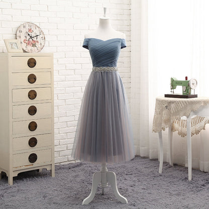 Gray tulle off shoulder prom dress, evening dress  7773