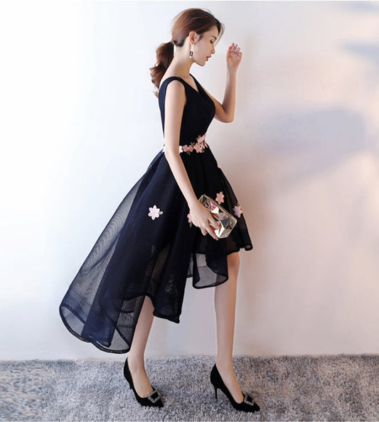 Dark blue high low prom dress, evening dress  7781