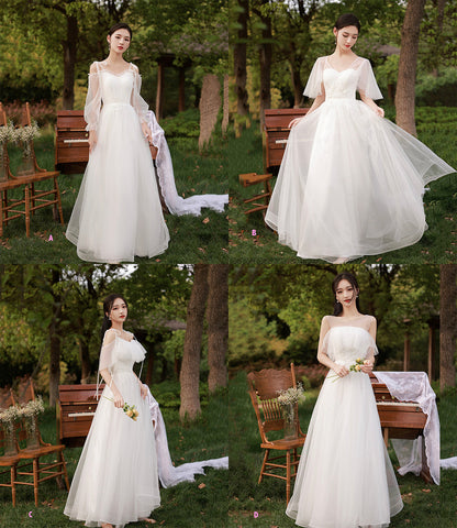 White tulle long A line prom dress bridesmaid dress  8888