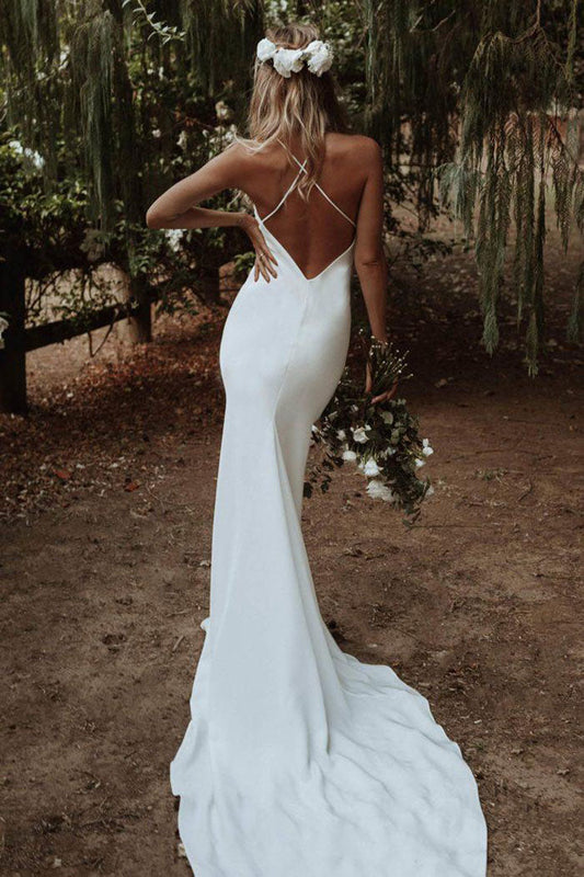 Simple Spaghetti Straps Mermaid Beach Wedding Dress,Elegant Long Bridal Dresses