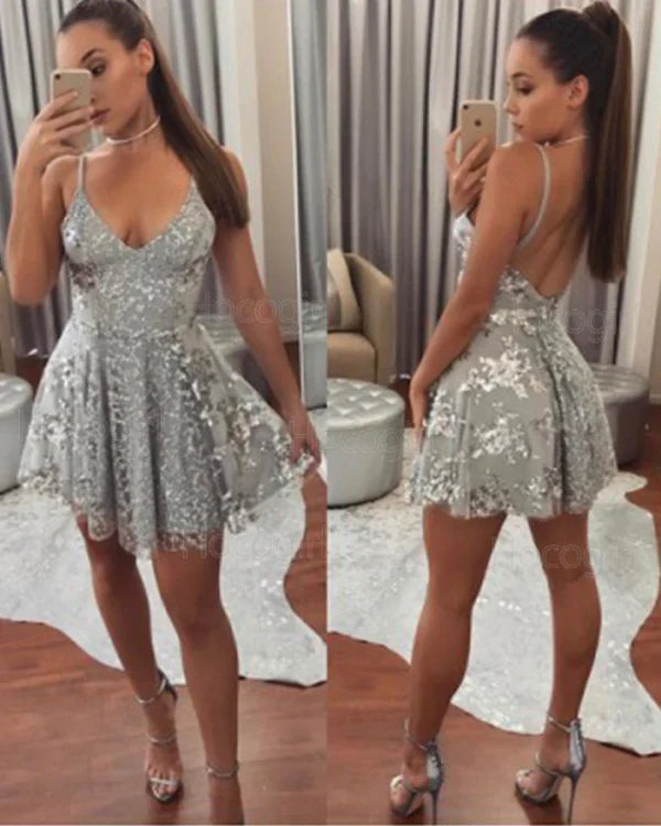 Vintage Shiny Silvery Sequin Applique Spaghetti Strap Short A-Line Party Dress Cocktail Dress Homecoming Dress TP4443