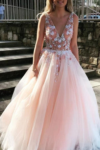 Light Pink V Neck Sleeveless Tulle Prom Dress with Flowers and Beads