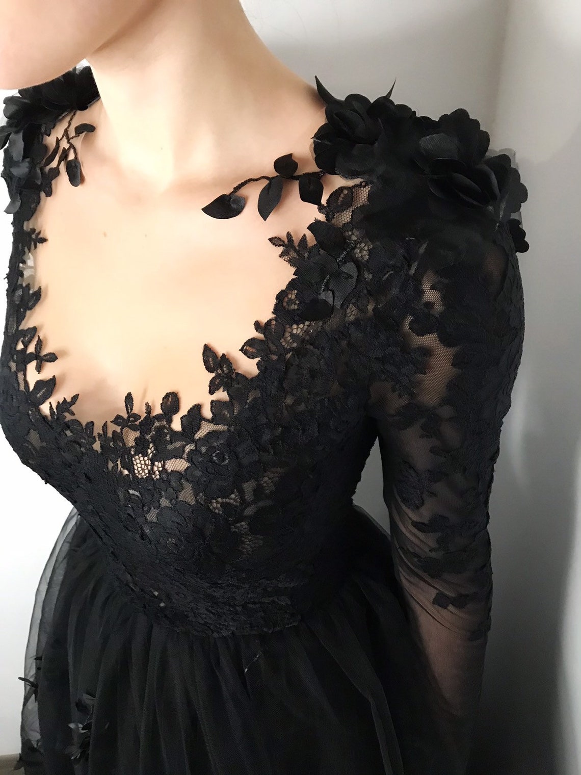 Black Floral Gothic Wedding Dress,Long Sleeve Formal Dress