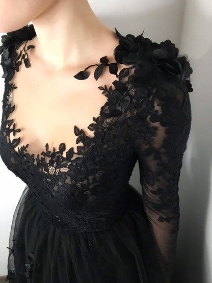 Black Floral Gothic Wedding Dress,Long Sleeve Formal Dress