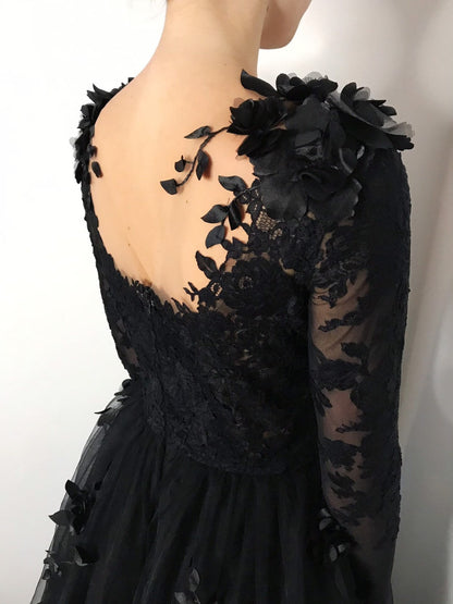 Black Floral Gothic Wedding Dress,Long Sleeve Formal Dress