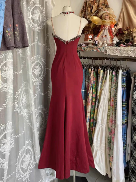 V Neck Lace Burgundy Prom Dress Vintage Mermaid Evening Party Gown Birthday Dress SH2575