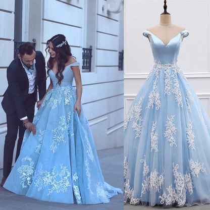 Elegant Tulle Ball Gowns Prom Dresses Lace Appliques Off Shoulder