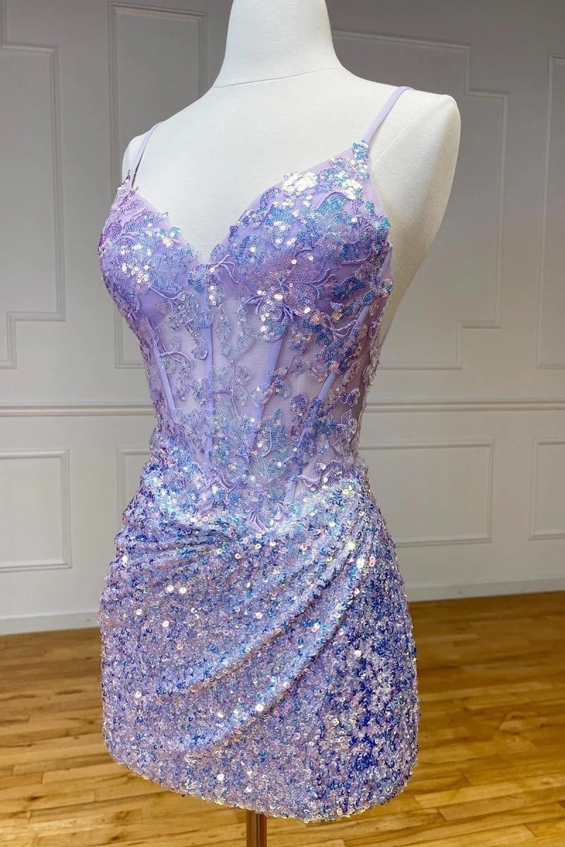 Sparkle Sequin Bodycon Lilac Cocktail Dress Short