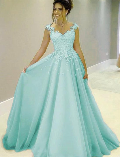 Modest Tulle Formal Dresses With Lace Cap Sleeves