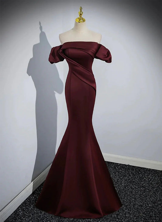 Charming Maroon Satin Mermaid Off Shoulder Prom Dress, Maroon Party Dress TP1020