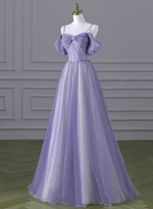 Lovely A-line Light Purple Tulle Beaded Long Party Dress, Light Purple Prom Dress TP1023