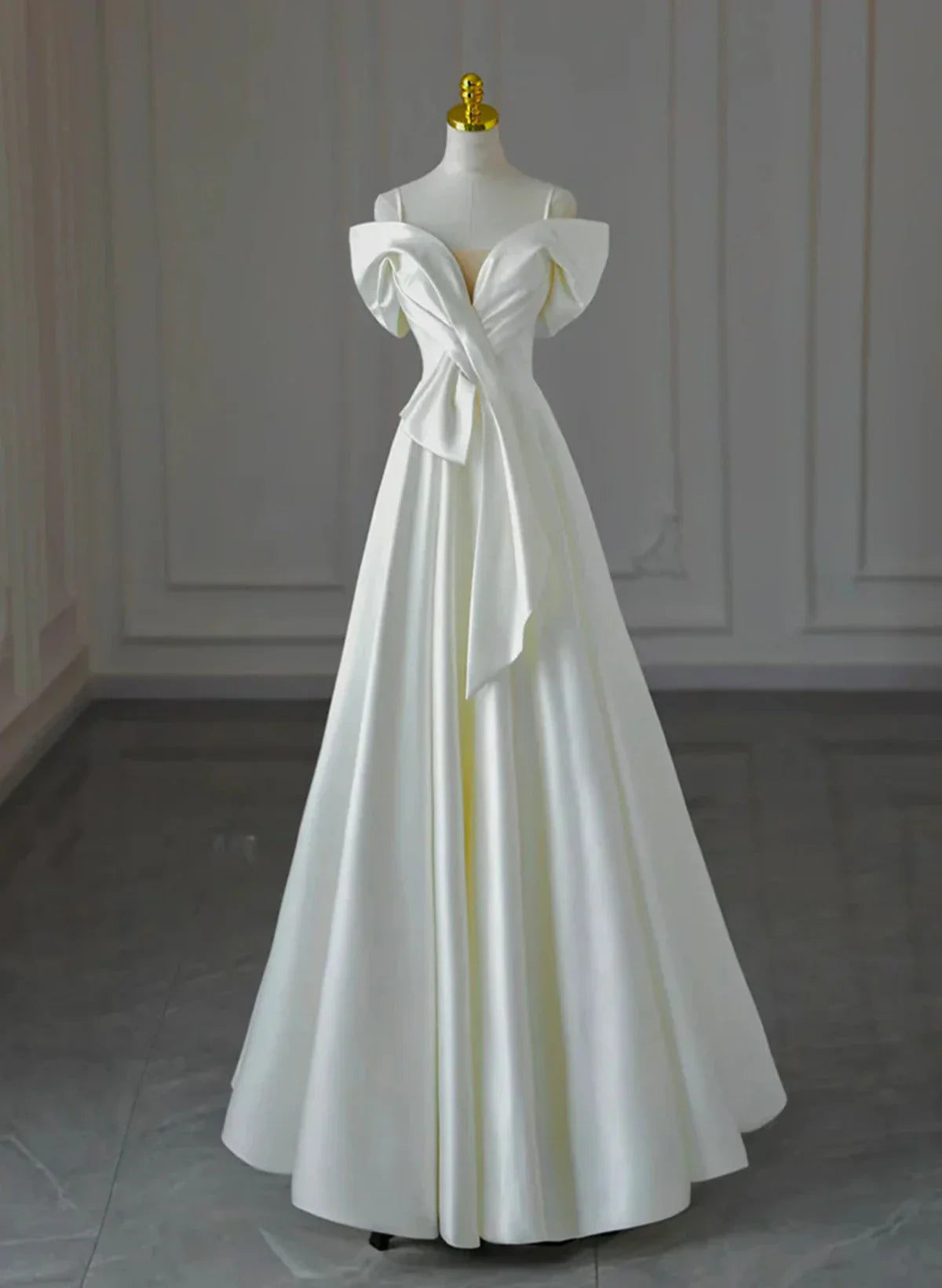 White Satin A-line Off Shoulder Evening Dress, White Satin Long Wedding Party Dress TP1037