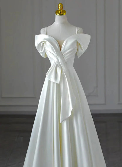 White Satin A-line Off Shoulder Evening Dress, White Satin Long Wedding Party Dress TP1037