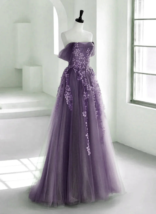 Purple A-Line Tulle With Lace Long Formal Dress, Purple Prom Dress Evening Dress TP1055