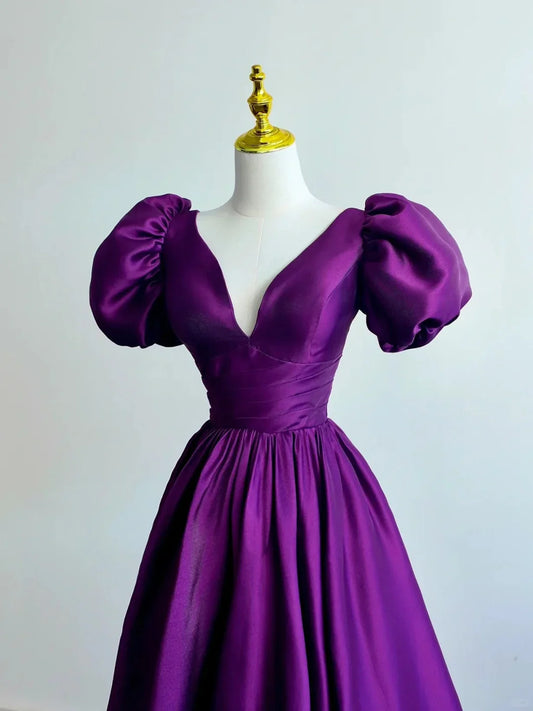 Purple Satin A-line Short Sleeves Long Formal Dress, Purple Prom Dress TP1088