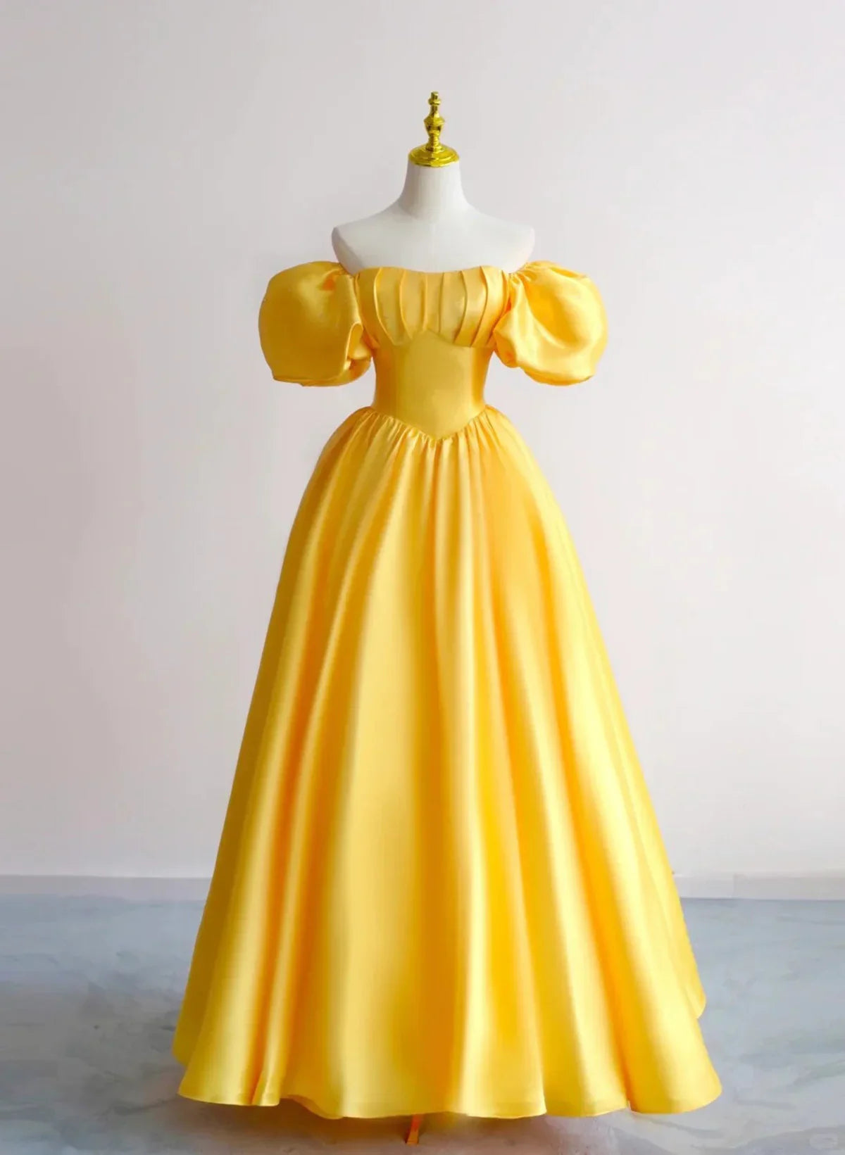 Yellow A-Line Satin Off Shoulder Prom Dress, Yellow Evening Dress TP1089