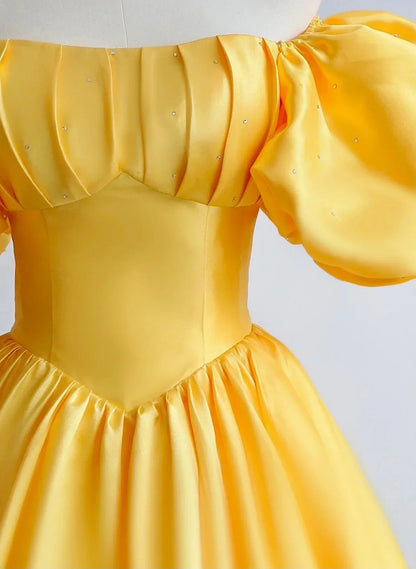 Yellow A-Line Satin Off Shoulder Prom Dress, Yellow Evening Dress TP1089