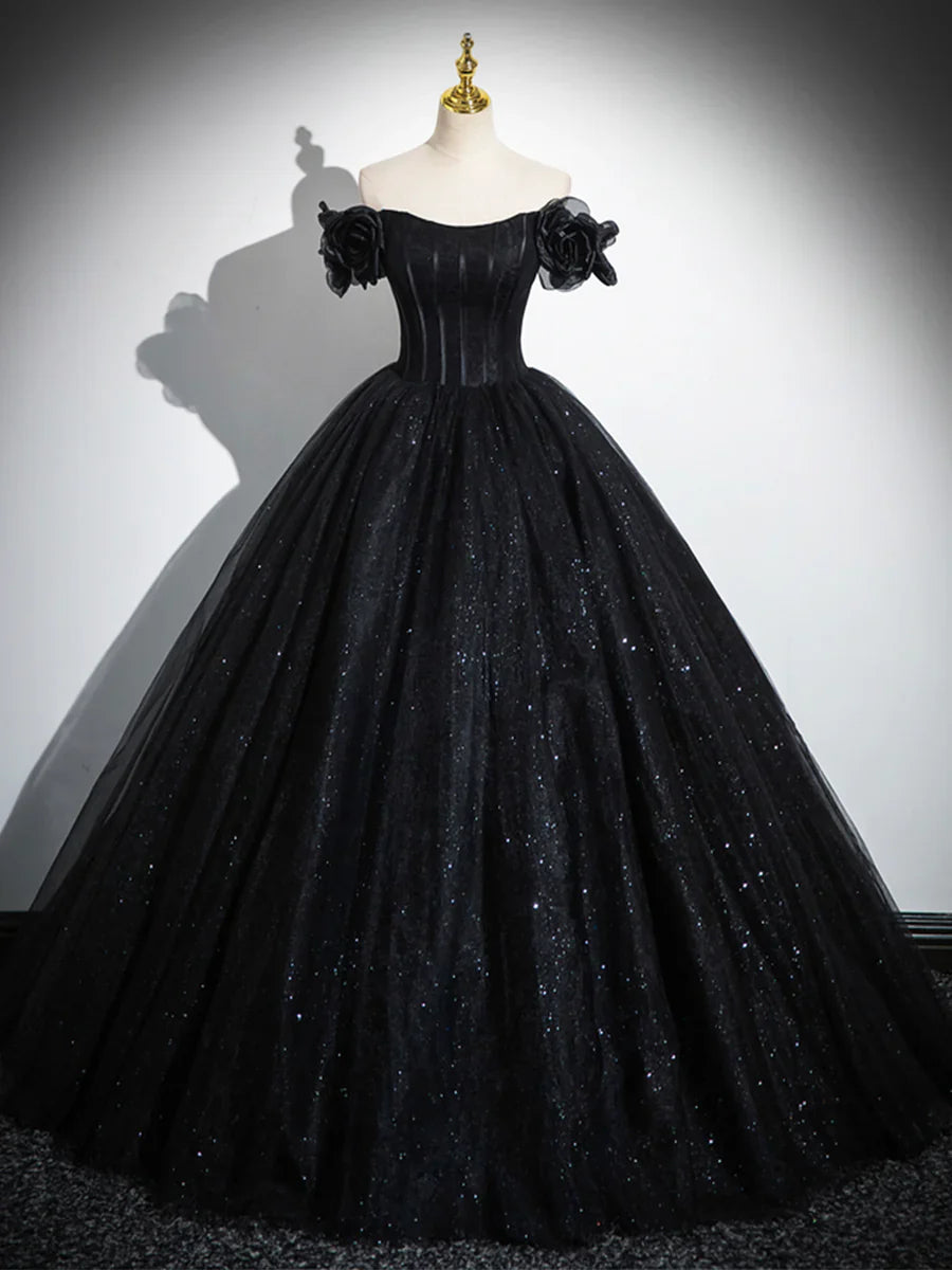Sparkly Tulle Black Sweetheart Ball Gown, A-Line Off the Shoulder Evening Dress  TP288