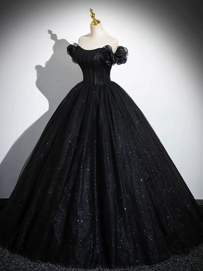Sparkly Tulle Black Sweetheart Ball Gown, A-Line Off the Shoulder Evening Dress  TP288