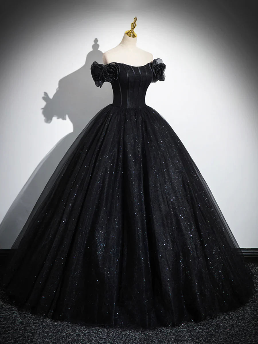 Sparkly Tulle Black Sweetheart Ball Gown, A-Line Off the Shoulder Evening Dress  TP288