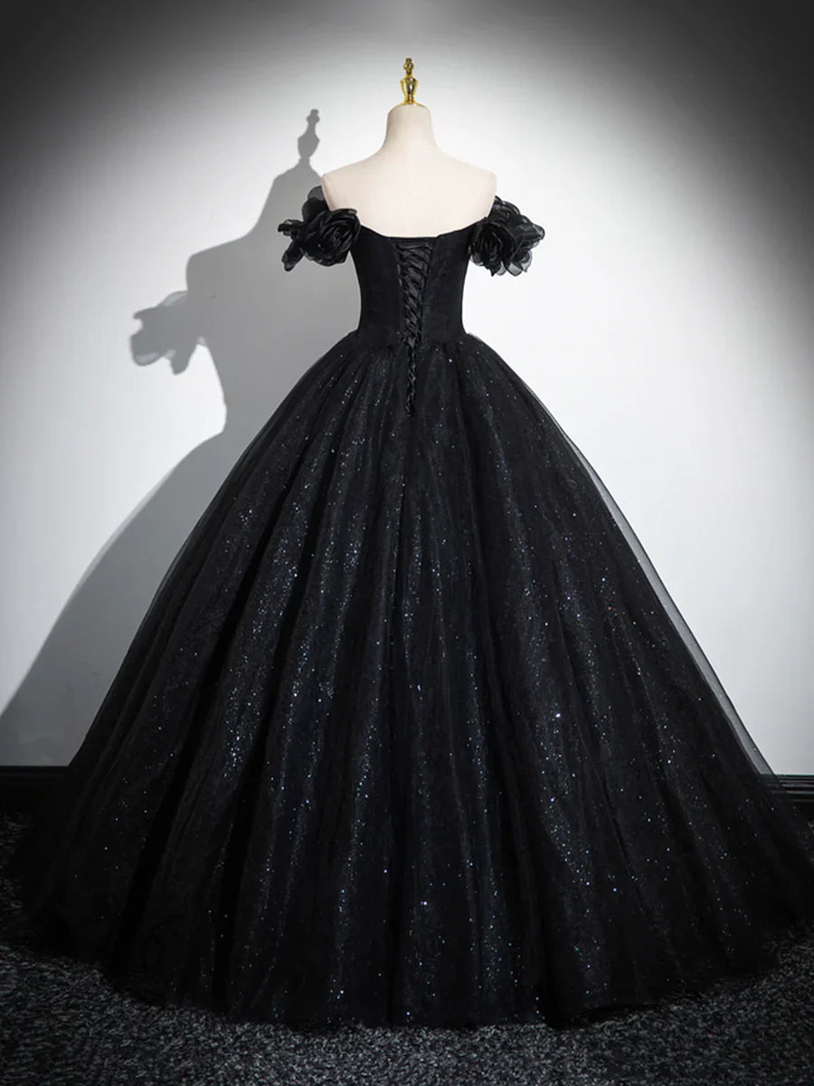 Sparkly Tulle Black Sweetheart Ball Gown, A-Line Off the Shoulder Evening Dress  TP288