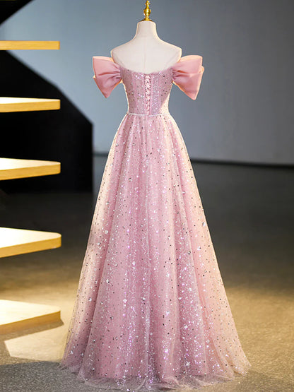 Sparkly Off-Shoulder Sequins Floor Length Formal Dress, Beautiful Pink Prom Dress  TP353