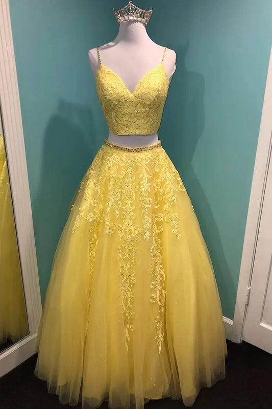Yellow Lace Two Pieces Prom Dress, A-Line Evening Party Dress TP531