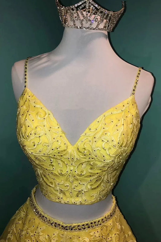 Yellow Lace Two Pieces Prom Dress, A-Line Evening Party Dress TP531