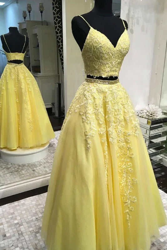 Yellow Lace Long Prom Dresses, Two Pieces Evening Dresses TP719