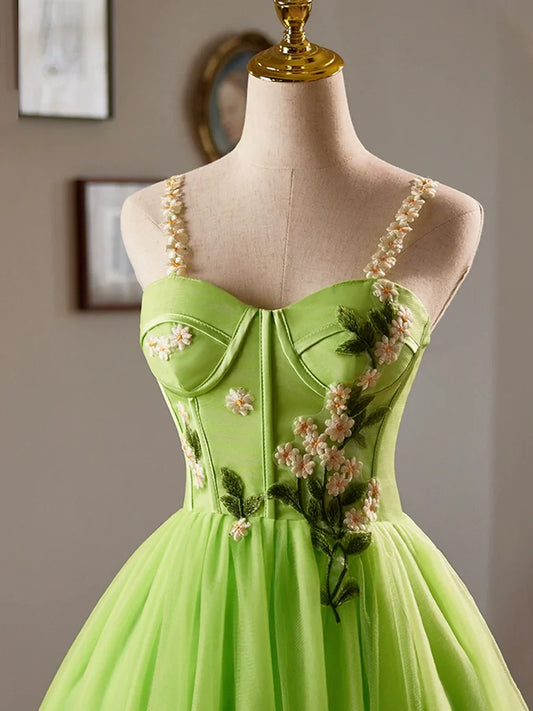 Beautiful Green Lace Flower Short Party Dress, Lovely Spaghetti Straps Sleeveless Backless Evening Dress TP811