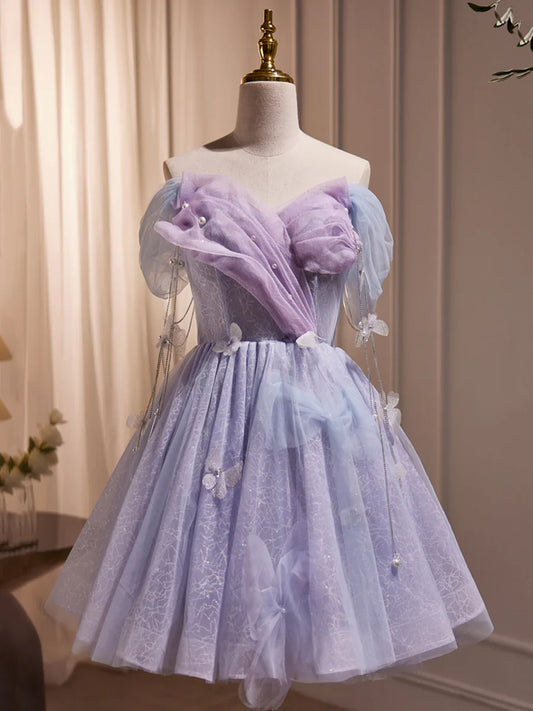 Purple Tulle Knee Length Birthday Party Formal Dress, Off the Shoulder Purple Prom Dress TP833