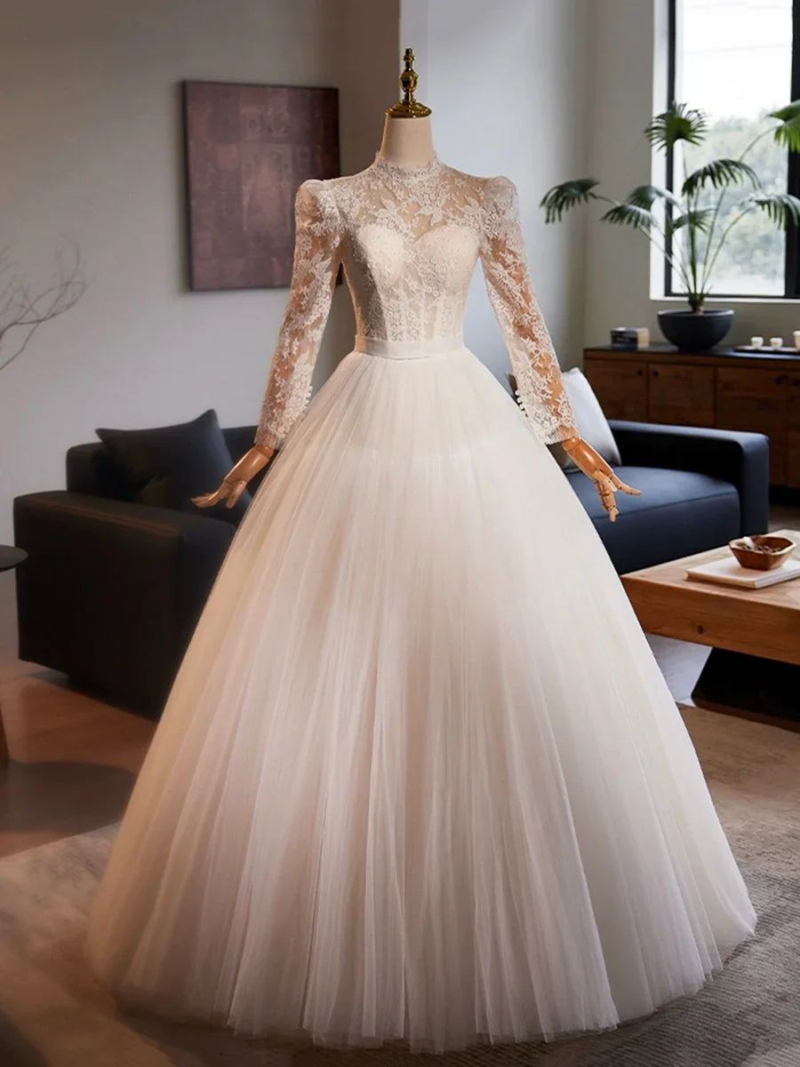 White Tulle Lace Floor Length A-Line Formal Dresses, Beautiful Long Sleeve Evening Party Dress TP930