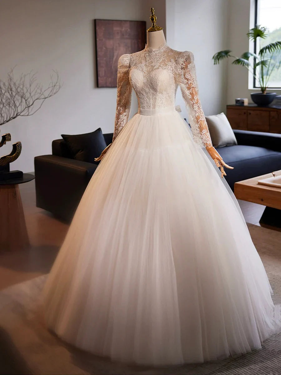 White Tulle Lace Floor Length A-Line Formal Dresses, Beautiful Long Sleeve Evening Party Dress TP930