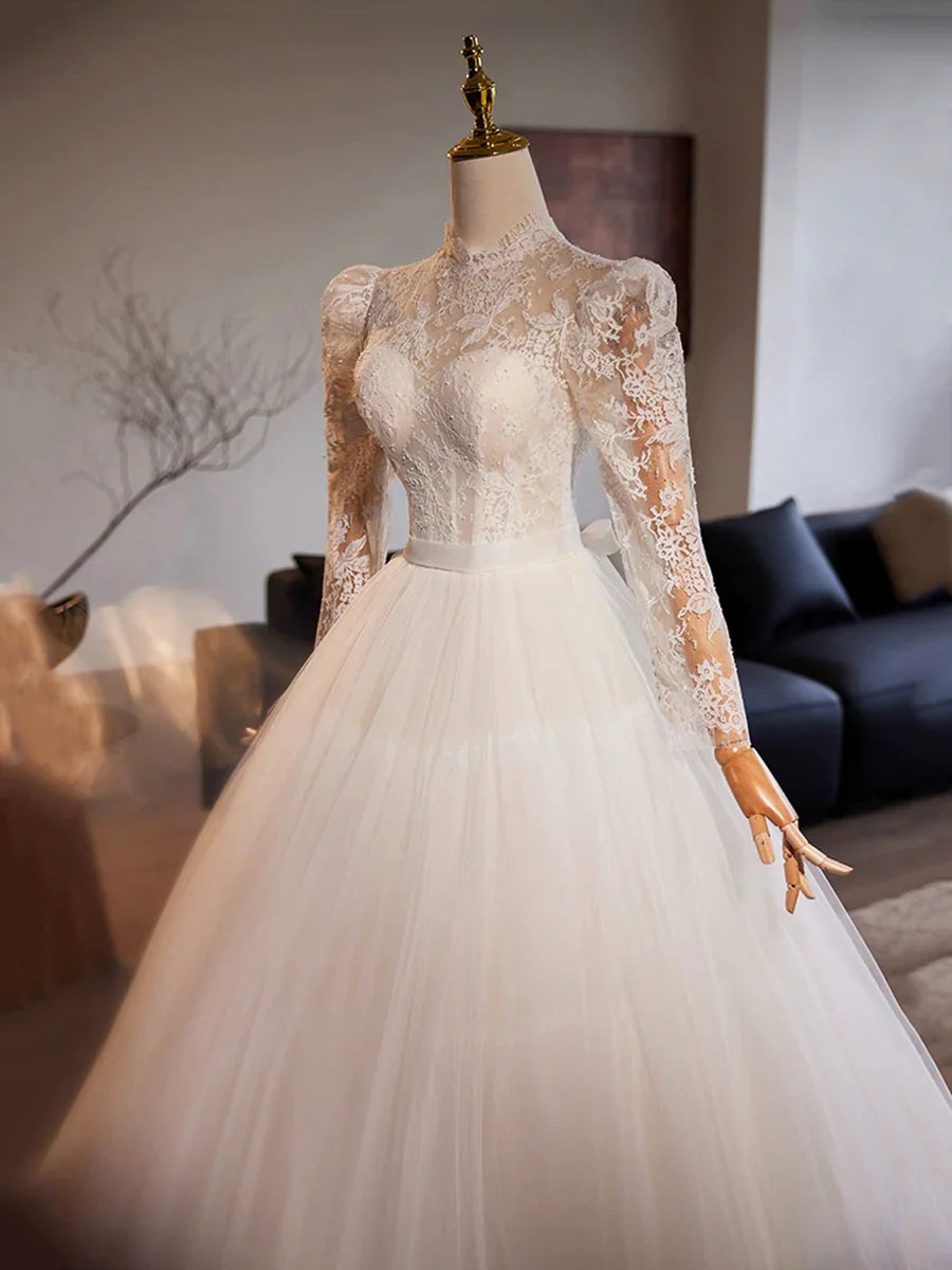 White Tulle Lace Floor Length A-Line Formal Dresses, Beautiful Long Sleeve Evening Party Dress TP930