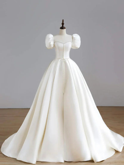 White Satin Long Formal Wedding Dress, Elegant Short Sleeve Evening Dress TP931