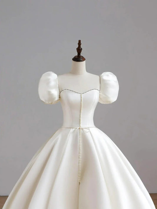 White Satin Long Formal Wedding Dress, Elegant Short Sleeve Evening Dress TP931