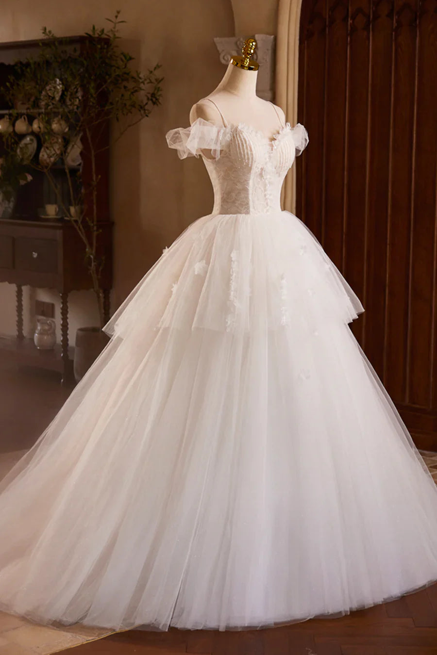 A-Line Spaghetti Strap Lace Beaded Party Dress, Light Champagne Floor Length Formal Evening Dress TP933